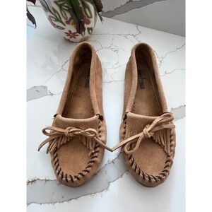 Minnetonka Kilty Suede Moccasins Tan Brown Fringe Flats 407T Womens‎ 8.5